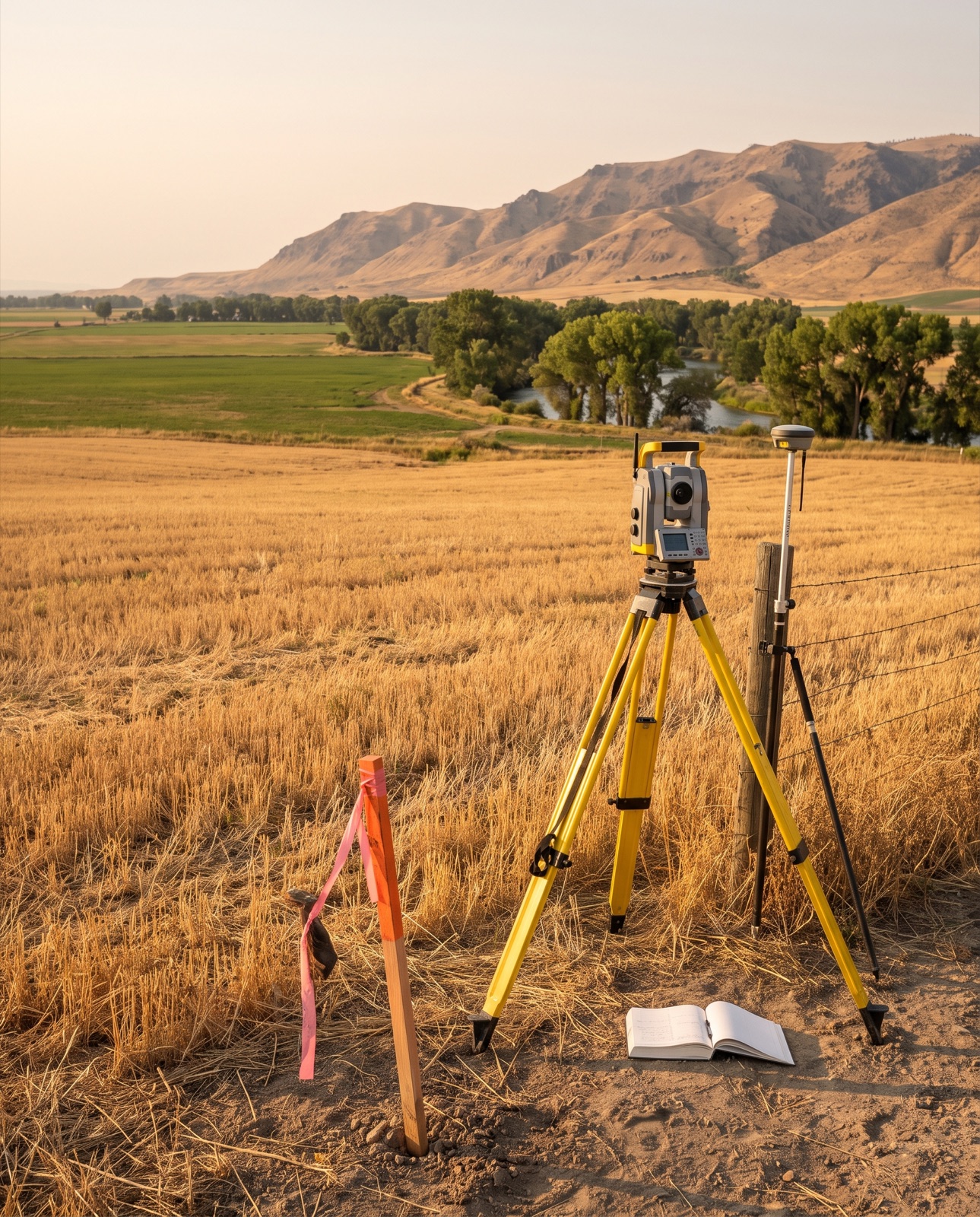 A survey total station set up at the edge of a field in the Bear River Valley
