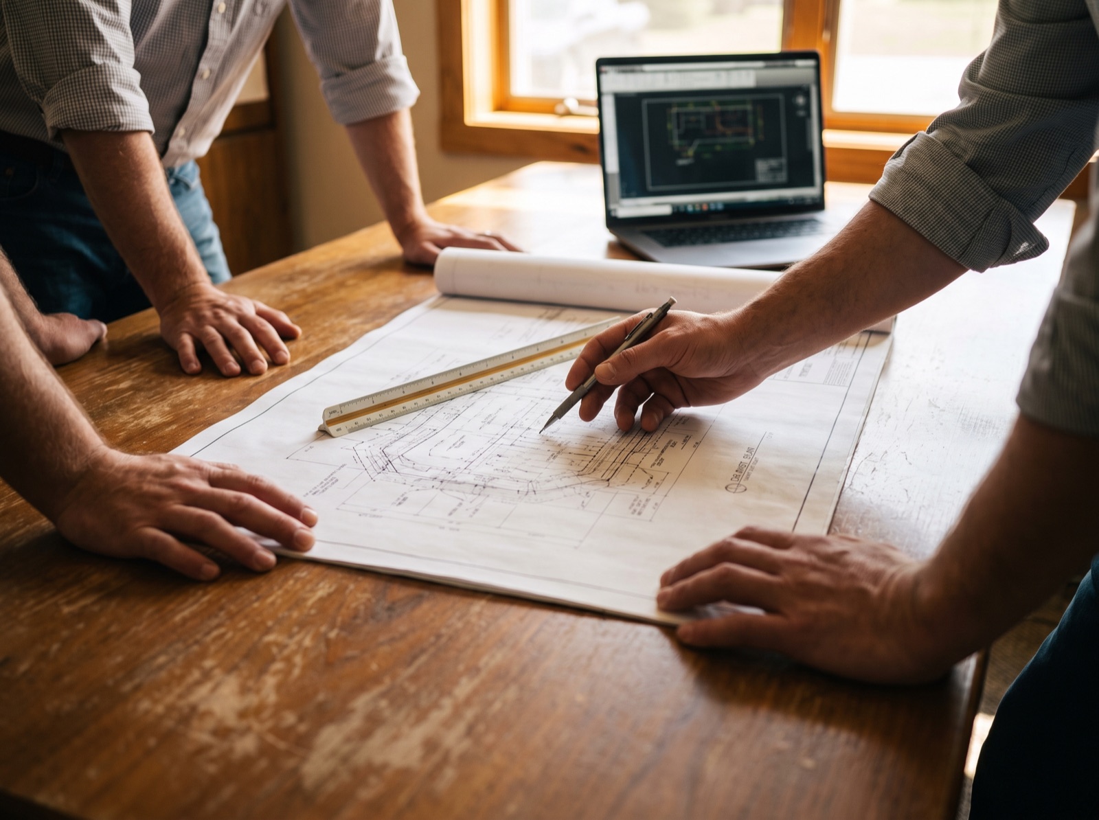 Hands reviewing a grading plan on a conference table