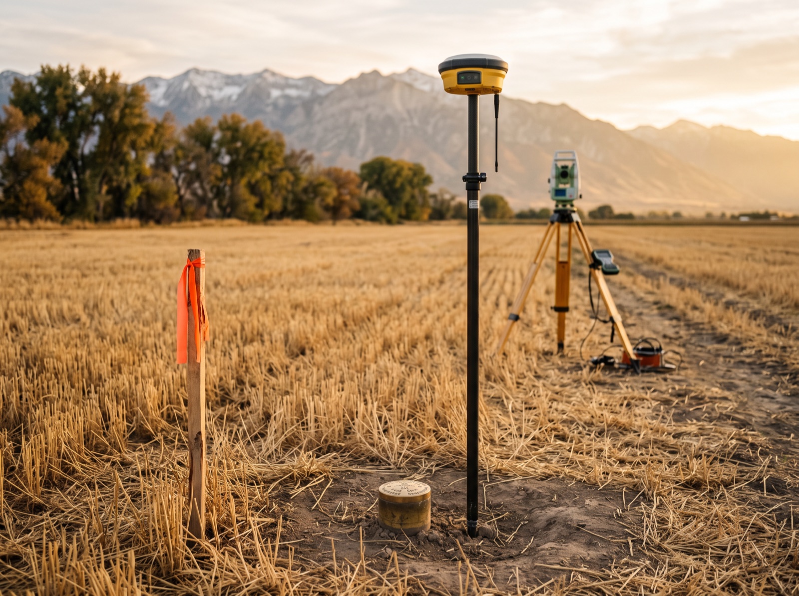 A GPS survey rover beside a brass boundary monument in a farm field